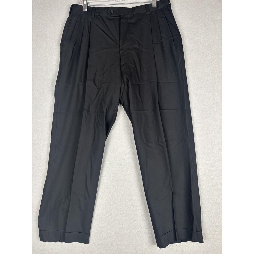 Hart Schaffner Marx Dress Pants Mens 36x26 Black Super 100s Wool Pleated Cuffed